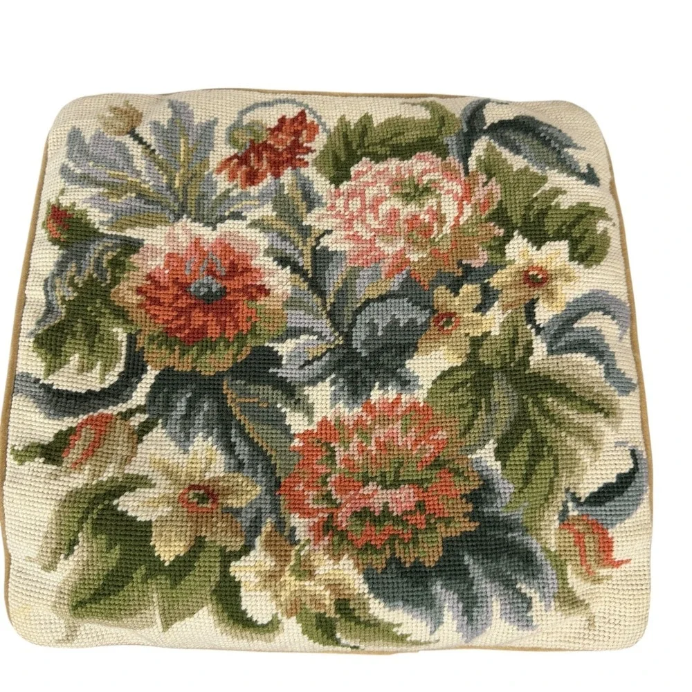 Vintage Floral Needlepoint Pillow Cover Gold Velvet Back Square 14